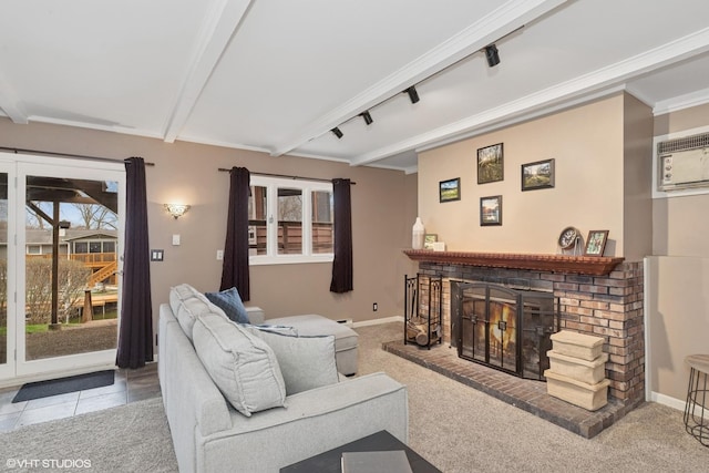 tiled living room with baseboards, a brick fireplace, carpet, and beam ceiling