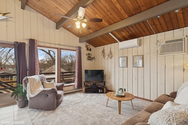 tiled living room featuring baseboard heating, an AC wall unit, lofted ceiling with beams, ceiling fan, and wood ceiling