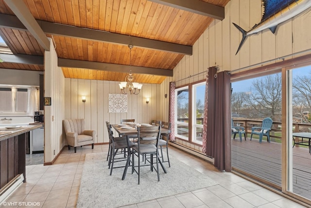 dining space featuring light tile patterned floors, wooden ceiling, an inviting chandelier, baseboard heating, and vaulted ceiling with beams