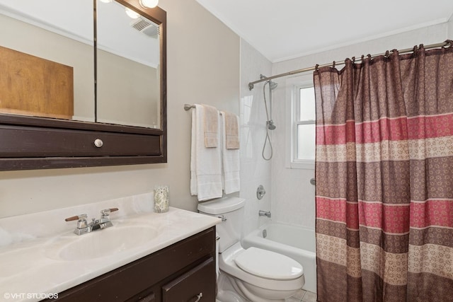 bathroom with shower / tub combo, toilet, and vanity