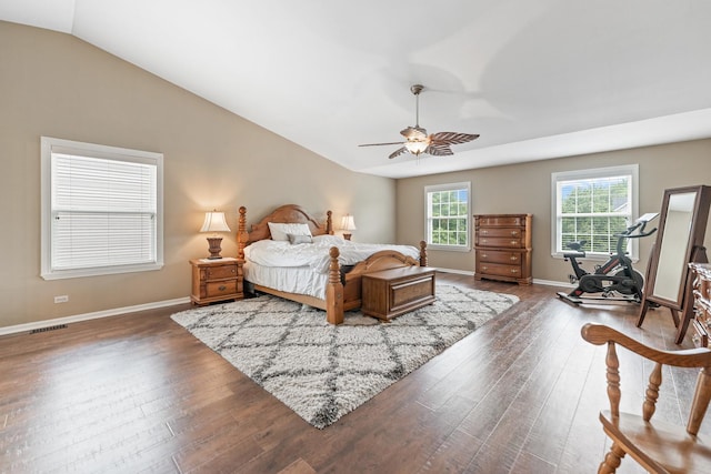 2571 Rourke Dr, Aurora, IL 60503 - bedroom featuring hardwood / wood-style flooring, baseboards, vaulted ceiling, and a ceiling fan