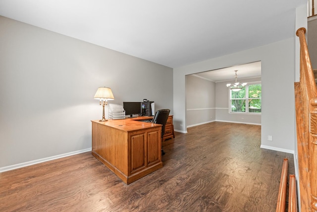 2571 Rourke Dr, Aurora, IL 60503 - office space with dark wood-style flooring, baseboards, and a chandelier