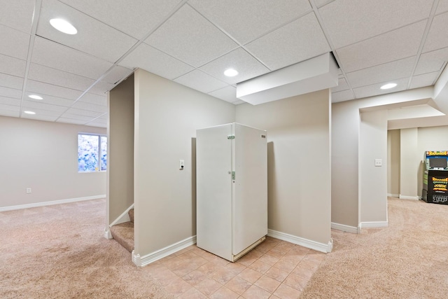 2571 Rourke Dr, Aurora, IL 60503 - basement with light carpet, a paneled ceiling, recessed lighting, stairs, and baseboards