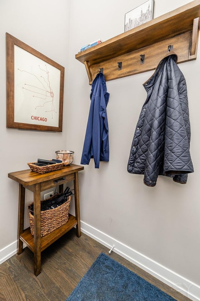 mudroom with baseboards and dark wood finished floors