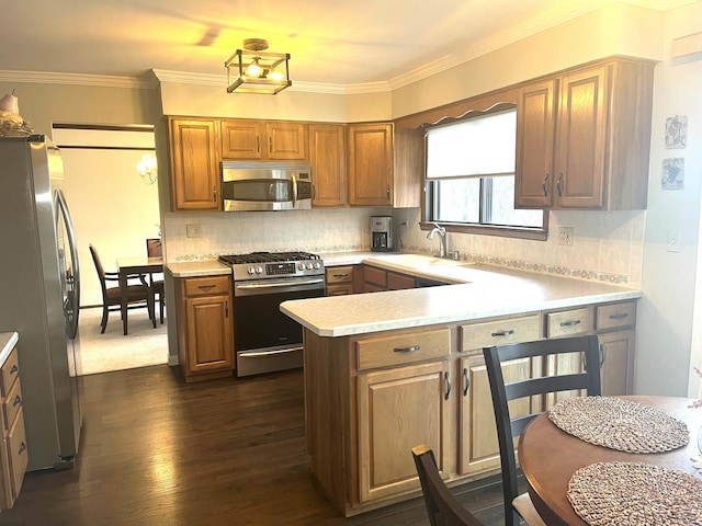 kitchen featuring a peninsula, light countertops, dark wood-type flooring, appliances with stainless steel finishes, and a sink