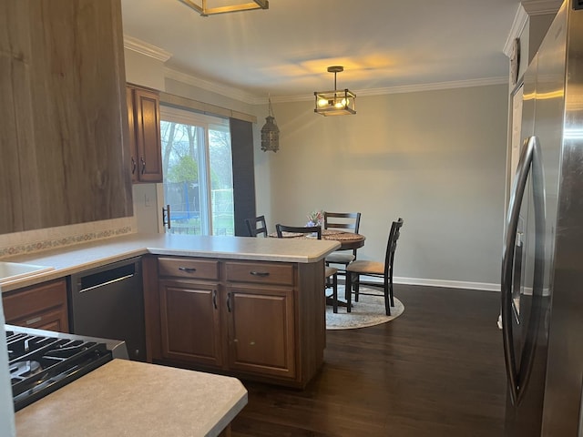 kitchen with freestanding refrigerator, light countertops, dishwashing machine, and dark wood-style flooring