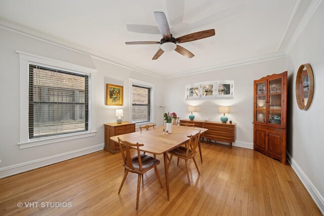5141 S Greenwood Ave Unit 1, Chicago, IL 60615 - dining space featuring baseboards, light wood-style flooring, ceiling fan, and ornamental molding