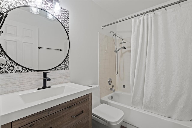 full bathroom with backsplash, toilet, shower / bath combo, and vanity