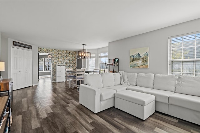 living room featuring dark wood-type flooring and an inviting chandelier