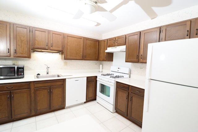 945 E Kenilworth Ave Unit 429, Palatine, IL 60074 - kitchen with white appliances, a sink, under cabinet range hood, light countertops, and ceiling fan