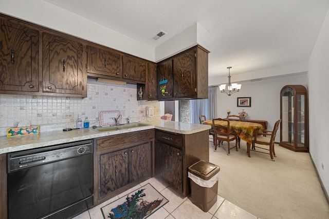 kitchen with light countertops, dark brown cabinetry, a sink, dishwasher, and visible vents