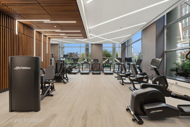 600 N Lake Shore Dr Unit 2110, Chicago, IL 60611 - exercise room with a wall of windows and wood finished floors