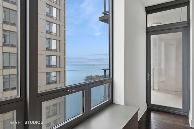600 N Lake Shore Dr Unit 2110, Chicago, IL 60611 - doorway to outside with a water view, dark wood-type flooring, and baseboards