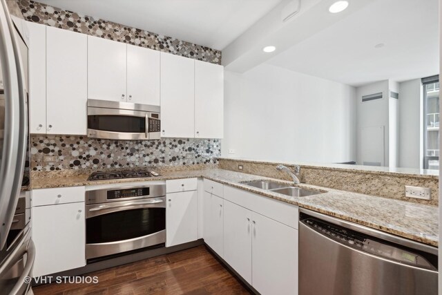 600 N Lake Shore Dr Unit 2110, Chicago, IL 60611 - kitchen with stainless steel appliances, a sink, decorative backsplash, light stone countertops, and dark wood-style flooring