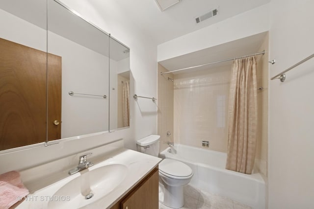 full bathroom featuring tile patterned flooring, visible vents, toilet, vanity, and shower / bath combo