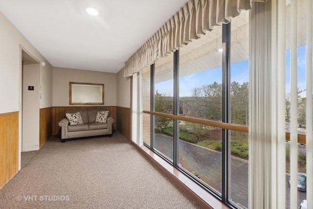 interior space featuring wainscoting, carpet flooring, and wooden walls