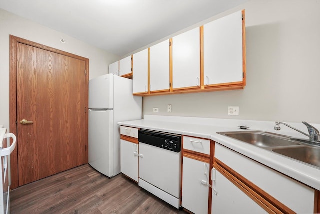 1545 W Crystal Rock Ct Unit 1B, Round Lake Beach, IL 60073 - kitchen with a sink, white appliances, light countertops, dark wood-style floors, and white cabinets