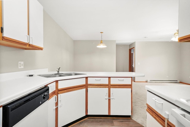 1545 W Crystal Rock Ct Unit 1B, Round Lake Beach, IL 60073 - kitchen featuring a sink, a baseboard radiator, white cabinetry, light countertops, and white dishwasher