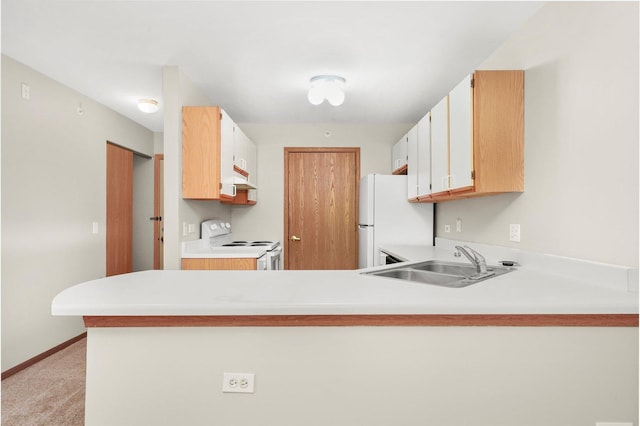 1545 W Crystal Rock Ct Unit 1B, Round Lake Beach, IL 60073 - kitchen featuring white appliances, light countertops, a peninsula, and a sink
