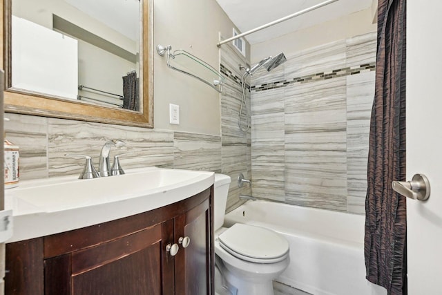 full bathroom featuring shower / tub combo, toilet, tile walls, and vanity