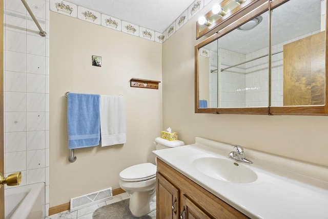 bathroom with vanity, baseboards, toilet, tile patterned flooring, and visible vents