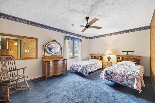 bedroom featuring baseboards, carpet, a textured ceiling, and ceiling fan