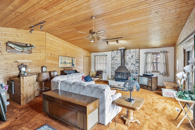 bedroom with track lighting, carpet floors, a wood stove, and wood ceiling