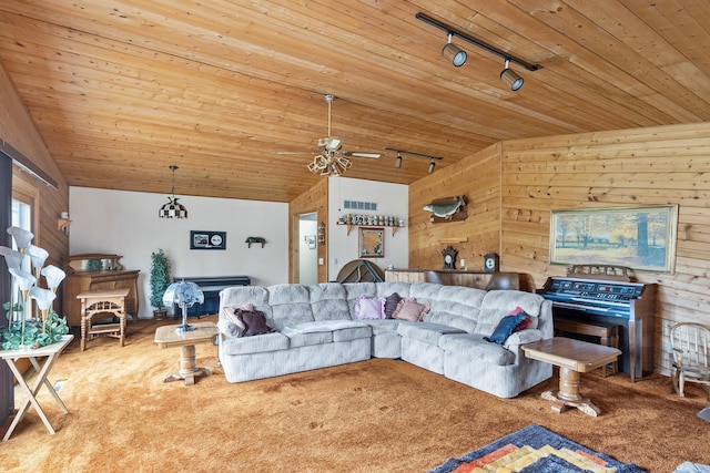 living area with lofted ceiling, track lighting, visible vents, wooden ceiling, and carpet flooring
