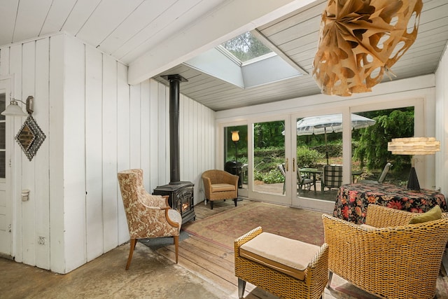 36W525 Wild Rose Rd, Saint Charles, IL 60174 - sunroom with french doors, a wood stove, a skylight, and vaulted ceiling