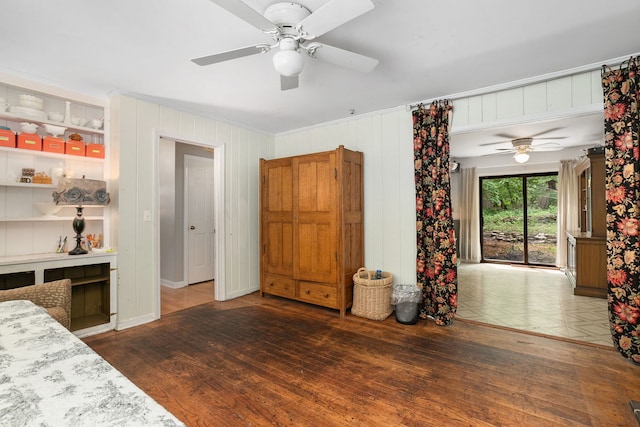 36W525 Wild Rose Rd, Saint Charles, IL 60174 - bedroom with wood finished floors, ornamental molding, access to outside, ceiling fan, and baseboards