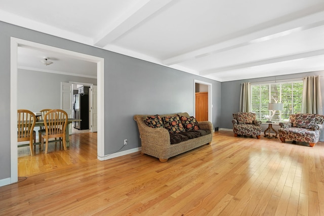 36W525 Wild Rose Rd, Saint Charles, IL 60174 - living room with beamed ceiling, light wood-style flooring, and baseboards