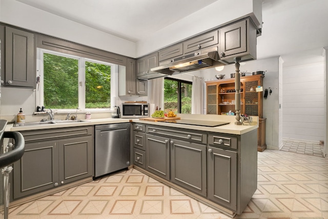 36W525 Wild Rose Rd, Saint Charles, IL 60174 - kitchen with stainless steel appliances, a sink, light floors, light countertops, and wooden walls