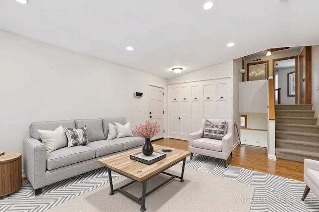 35720 N Laurel Ave, Ingleside, IL 60041 - living room featuring wood finished floors, stairs, recessed lighting, and vaulted ceiling