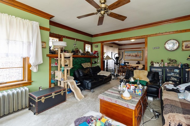 living area featuring radiator, ornamental molding, ceiling fan, and carpet flooring