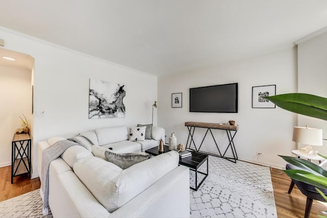 living area with wood finished floors, ornamental molding, and baseboards