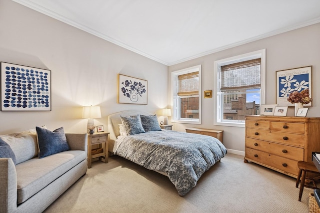 bedroom featuring ornamental molding, carpet floors, and baseboards