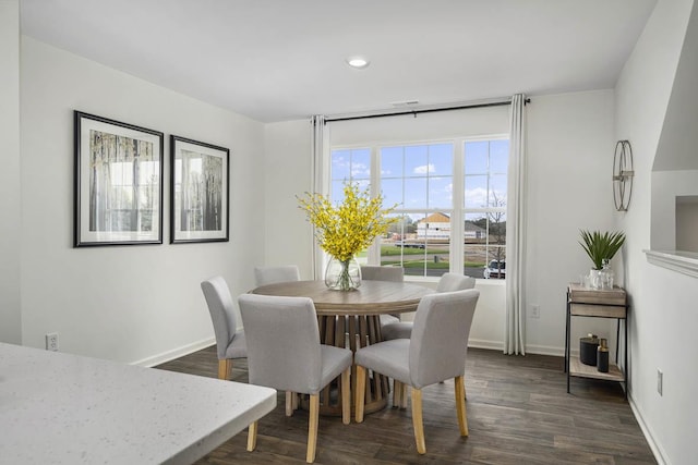 dining area featuring recessed lighting, dark wood-type flooring, and baseboards