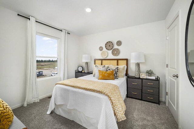 bedroom featuring recessed lighting, baseboards, and carpet floors