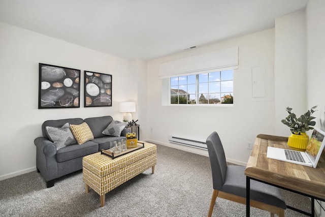 carpeted office space with visible vents, a baseboard heating unit, and baseboards