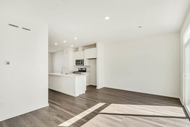 kitchen with white cabinets, recessed lighting, appliances with stainless steel finishes, wood finished floors, and light countertops