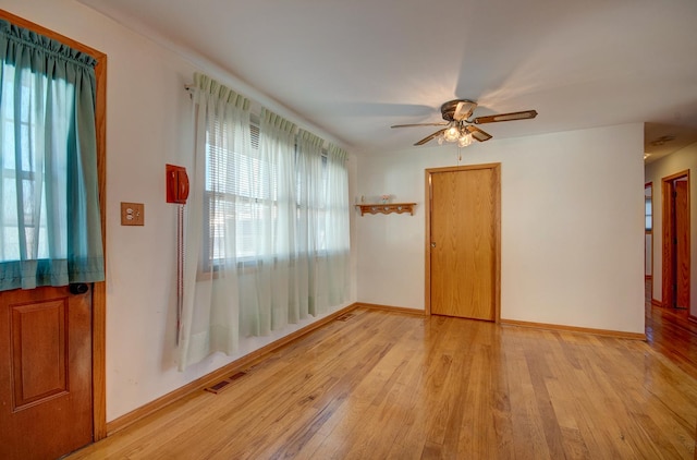 7054 Stanford Dr, Bridgeview, IL 60455 - empty room featuring visible vents, ceiling fan, light wood-style floors, and baseboards