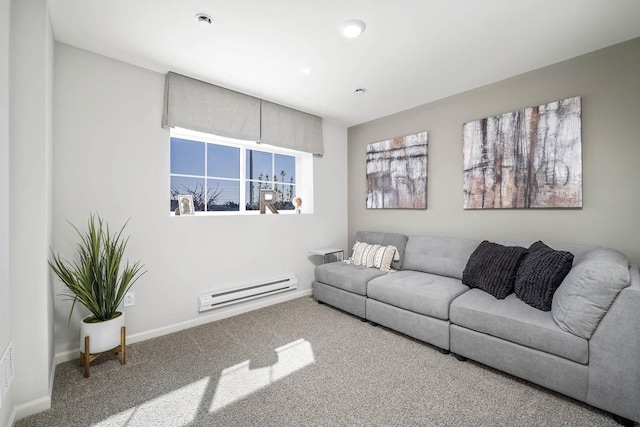 living room with carpet, visible vents, recessed lighting, a baseboard radiator, and baseboards