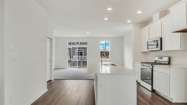kitchen featuring a kitchen island with sink, dark wood-type flooring, a sink, and appliances with stainless steel finishes