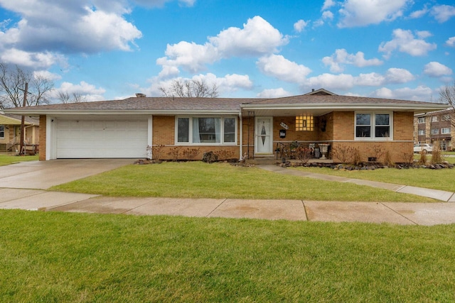 ranch-style home featuring driveway, a front yard, brick siding, a porch, and a garage
