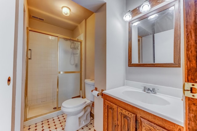 bathroom featuring visible vents, toilet, tile patterned floors, and a shower stall