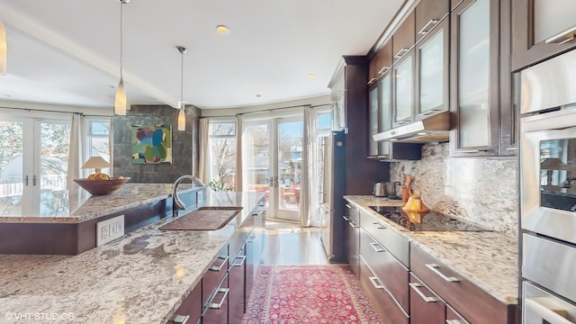 kitchen with black electric stovetop, french doors, under cabinet range hood, a healthy amount of sunlight, and a sink