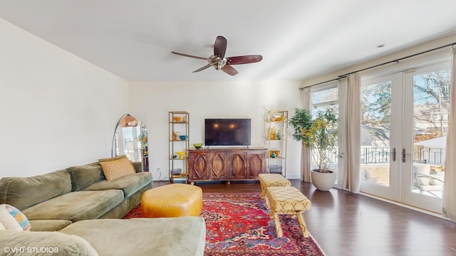 living room featuring french doors, wood finished floors, and a wealth of natural light