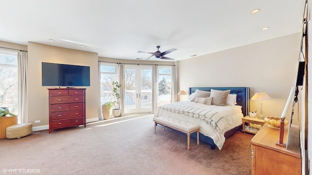 carpeted bedroom with ceiling fan, access to outside, recessed lighting, and baseboards