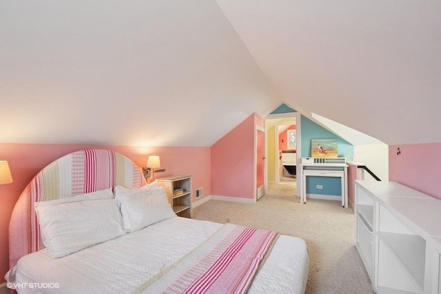 bedroom with visible vents, baseboards, light colored carpet, and lofted ceiling