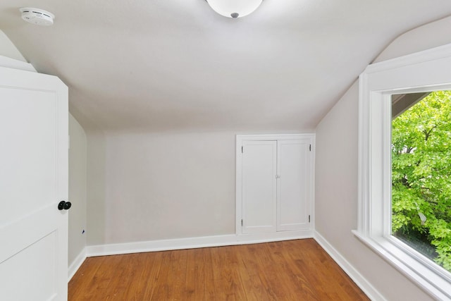 additional living space with lofted ceiling, wood finished floors, and baseboards